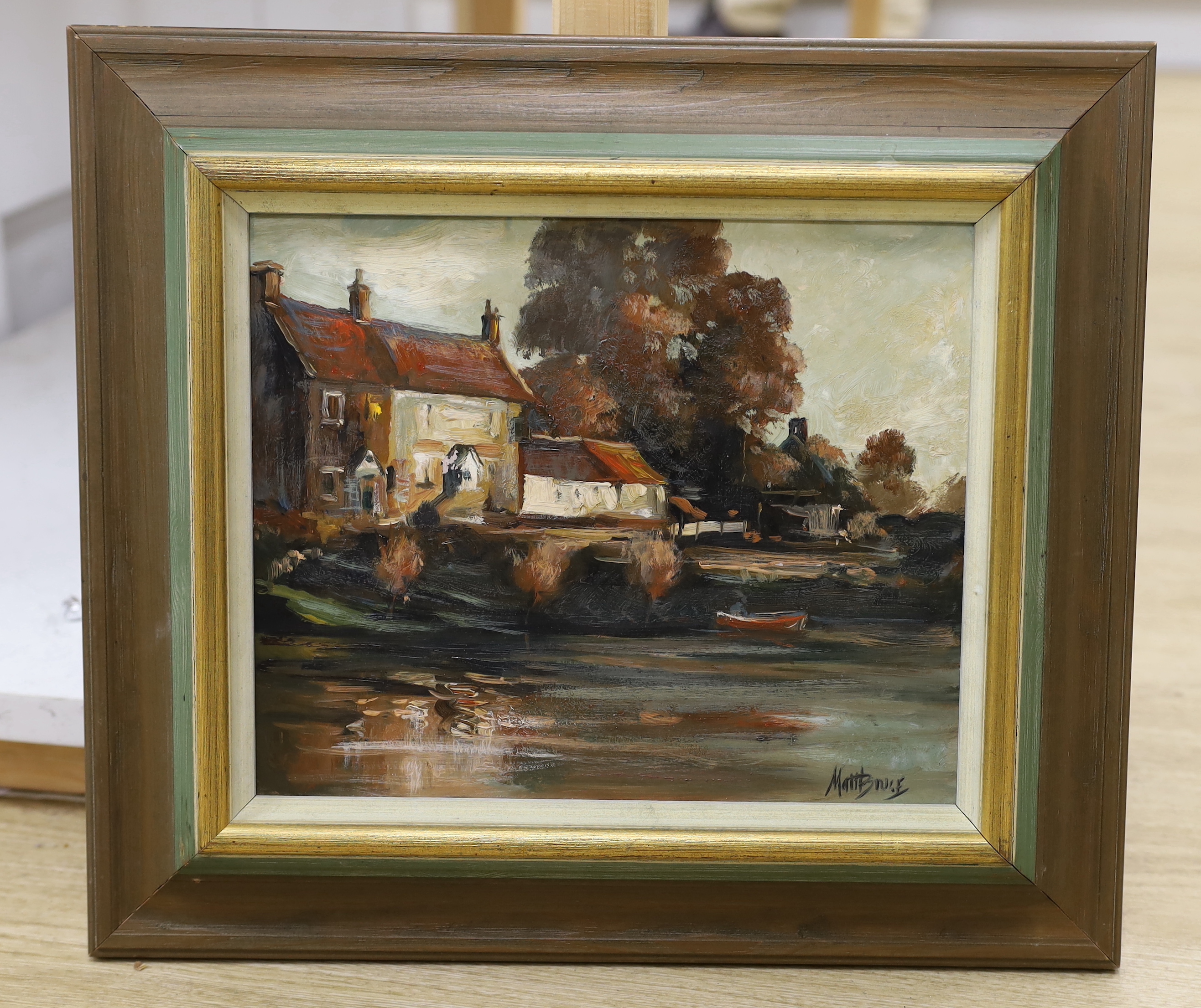 Matt Bruce (1915-2000) oil on board, The White Hart, Stopham Bridge, signed, The Arun Arts Centre label verso, 29 x 24cm